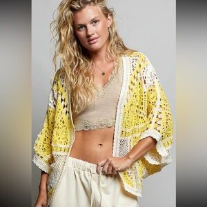 POL.  Yellow and White Crochet Kimono Cardigan. Sizing is Ons/Size Fit 4/16